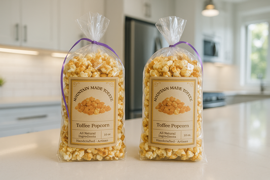 Toffee Covered Popcorn in kitchen