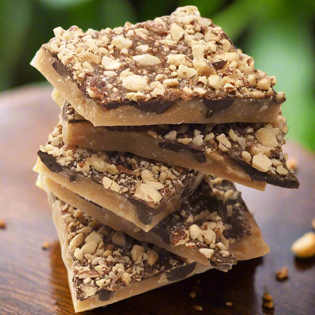 Mouthwatering toffee covered with  a generous layer of chocolate and sprinkled with chopped almonds
