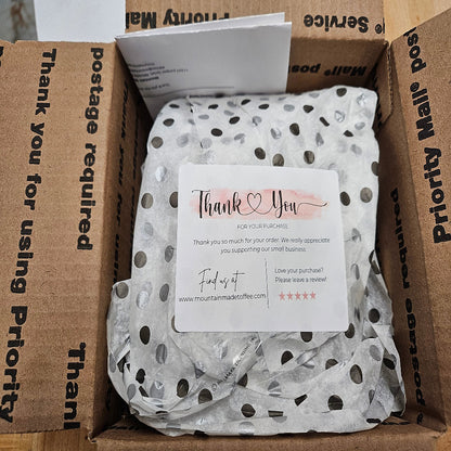 a package wrapped in white tissue paper with black polka dots awaits discovery. A thank you card rests on top, expressing heartfelt gratitude for your  toffee order.