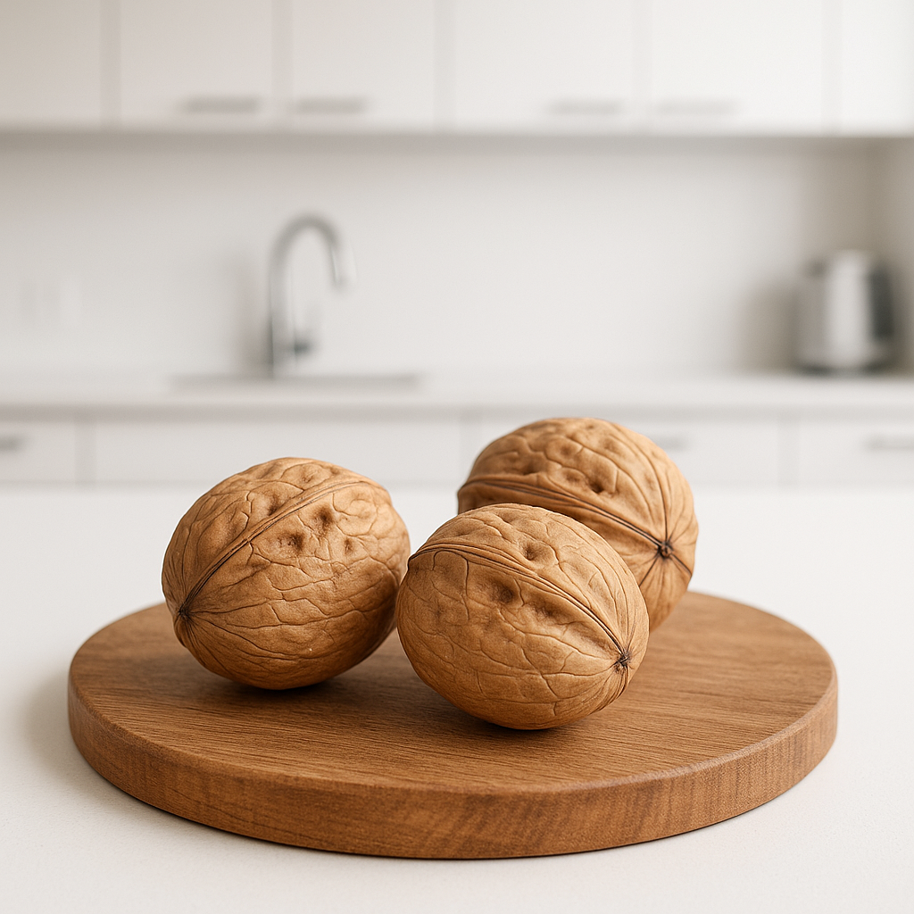 un-shelled walnuts on wooden board